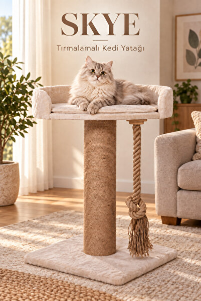 WoolArt Skye Yataklı Kedi Tırmalama Tahtası, Kalın Gövdeli Doğal Jüt Kedi Tır...