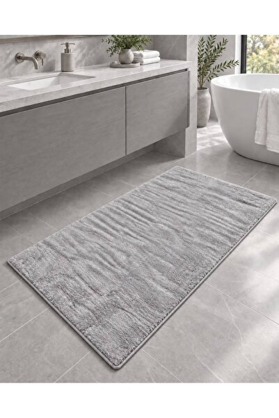 DEKOSET Home Tavşan Tüyü Gri Düz Peluş Yumuşak Kaymaz TPR Tabanlı Banyo Paspas