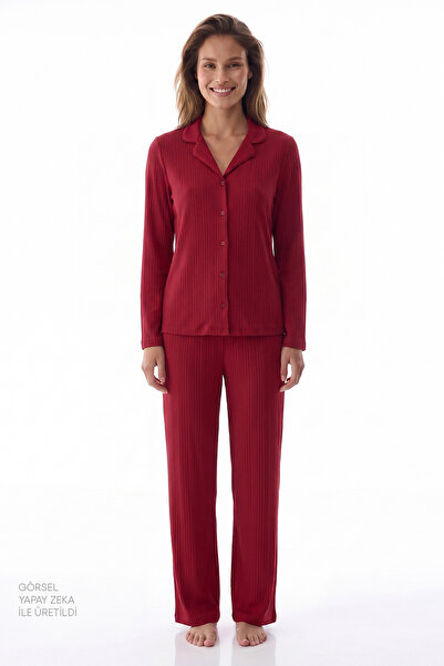 Penti Burgundy Wool Ribbed Long Sleeve Shirt Pants Pajama Set