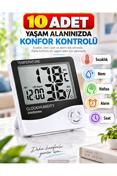 Unichrome 10 Adet Dijital Termometre Sıcaklık Ve Nem Ölçer Masa Saati Alarm