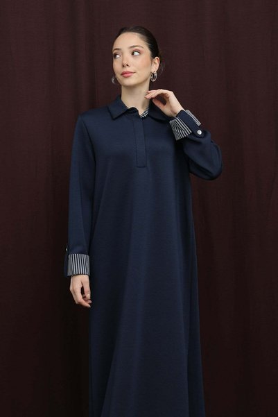 Puane Women's Polo Collar Dress with Hidden Placket - 12652Elb Navy Blue