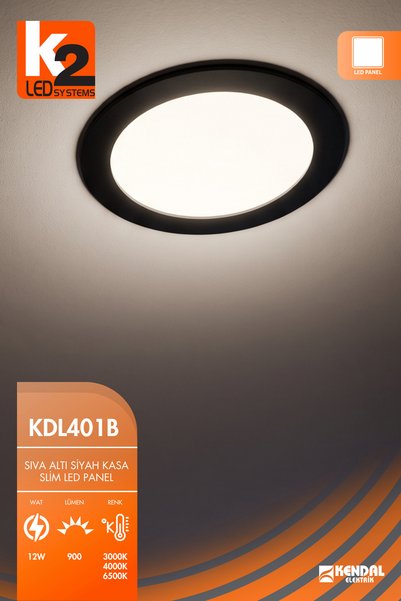 K2 KDL401B Slim LED Panel Siyah Kasa 12W Beyaz Işık - Modern Tavan Aydınlatması