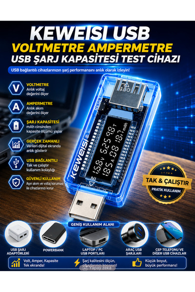 Unichrome Keweisi Usb Voltmetre Ampermetre Usb Şarj Kapasitesi Test Cihazı