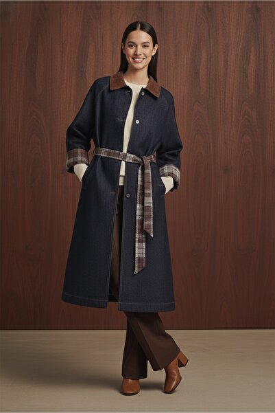 Soul Kadın Ekose Detaylı Denim Trench - 32392TRC Lacivert