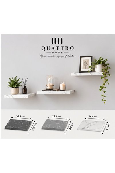 QUATTRO HOME 3'lü Kare Duvar Rafı Seti Mermer Desenli Beyaz