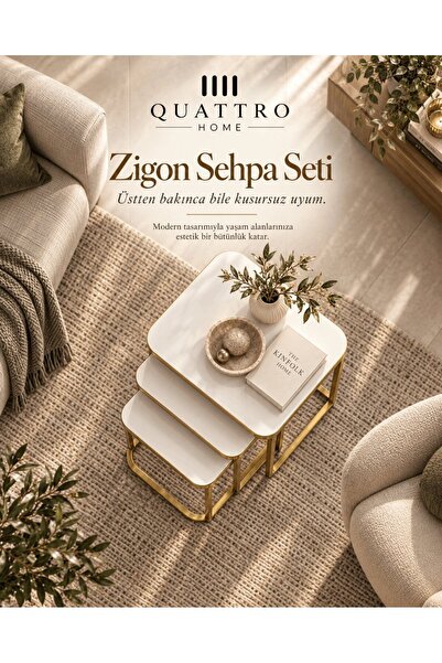 QUATTRO HOME Beyaz Üst Yüzeyli Gold Ayaklı 3'lü Zigon Sehpa Seti