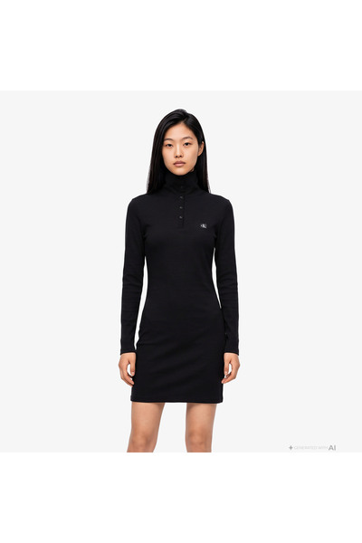Calvin Klein Woven Label Henley Kadın Siyah Elbise