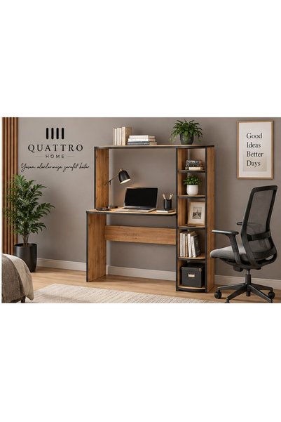QUATTRO HOME Kitaplıklı Çalışma Masası Kahverengi-.Genişlik: 110 cm-5 raflı
