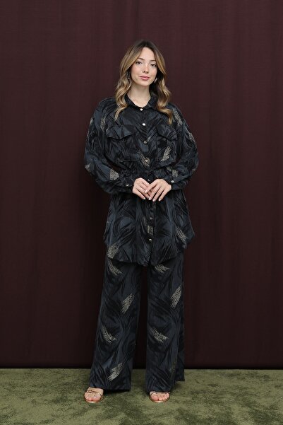 Puane Women's Pocket Detailed Waist Tunnel Shirt Set - 14392Tks Black