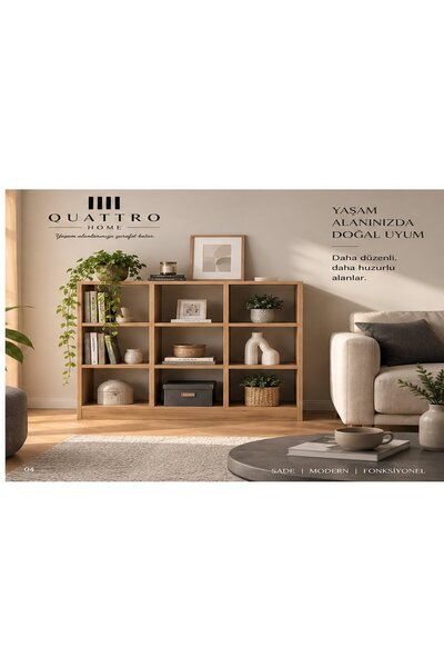 QUATTRO HOME 9 Bölmeli Çam Desenli Çok Amaçlı Kitaplık ve Raf Ünitesi