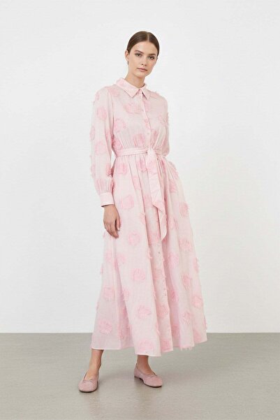 Loreen Women's 3D Floral Patterned Belted Maxi Dress -20695Elb Pink