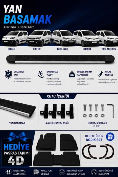 ACK Dizayn Fiat Doblo Uyumlu Kaydırmaz Yan Basamak – 4D Paspas Hediyeli - Dodik Set Hediyeli