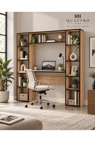 QUATTRO HOME 10 Raflı Kitaplıklı Çalışma Masası - Kahverengi