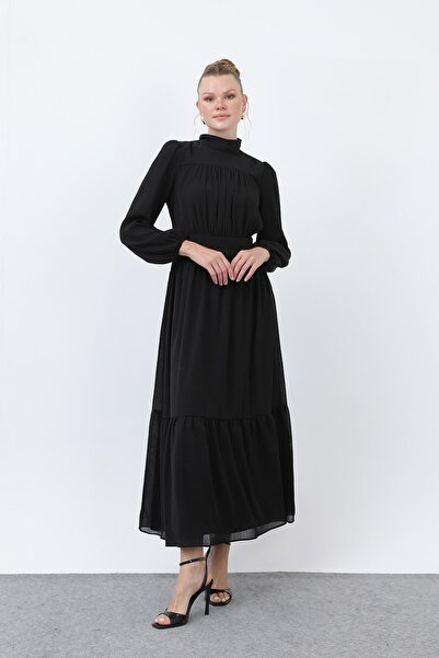 Puane Kadın Drape Detaylı Yüksek Yaka Elbise - 12613ELB Siyah