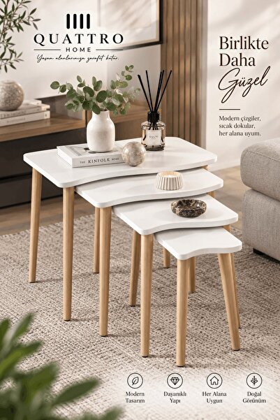 QUATTRO HOME Torna Ayaklı Beyaz Zigon Sehpa Takımı 4'lü