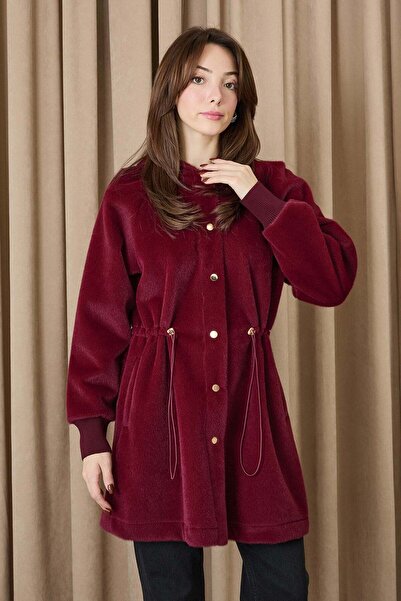 Puane Kadın Beli Tünelli Kapüşonlu Fox Kaban - 15222KBN - BURGUNDY