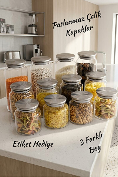ÖZ HOME Set of 12 Metal Jars with Lids -Labeled-Spice Container, Food Contain...