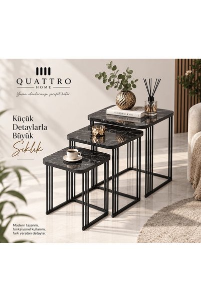 QUATTRO HOME Siyah Mermer Görünümlü 3'lü Zigon Sehpa Seti