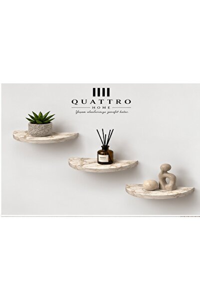 QUATTRO HOME 3'lü Oval Duvar Rafı Efes Beyaz Mermer Desenli