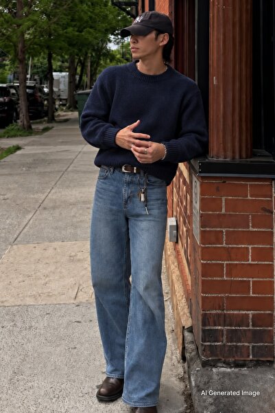 Madmext Navy Blue Crew Neck Overfit Men's Knitwear Sweater E7402