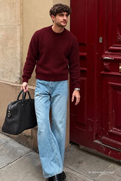 Madmext Burgundy Crew Neck Overfit Men's Knitwear Sweater E7402