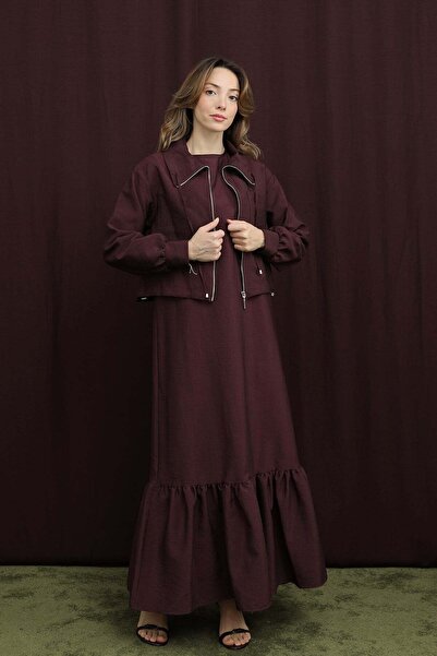 Puane Women's Crop Jacket Detailed Two-Piece Dress - 12651Tks Burgundy