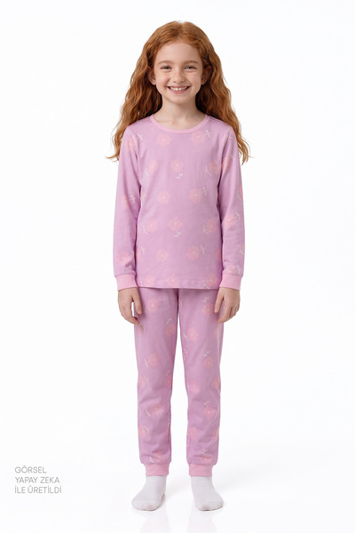 Penti Girl's Pink Love&Peace Cotton Long Sleeve 2-Piece Pajama Set