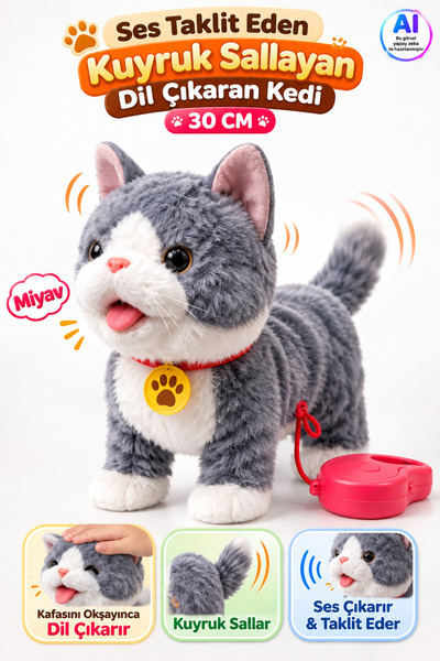 YILDIRIM OYUNCAK Şarjlı Kumandalı İnteraktif Peluş Kedi | Ses Taklit Eden Yür...