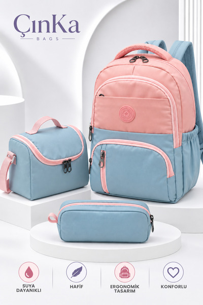 Çınka Bags Suya Dayanıklı Kumaş Folyo Beslenmelikli ve Kalemlikli Sırt İlkoku...