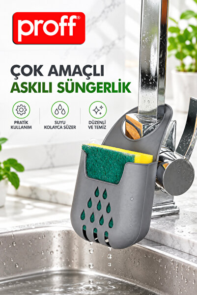 Proff Çok Amaçlı Askılı Süngerlik - Mutfak ve Banyo İçin Drenaj Delikli Muslu...