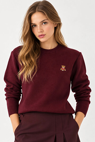 MEVESE Kadın Peluş Teddy Ayıcık Nakışlı Bisiklet Yaka Basic Triko Kazak - Bordo