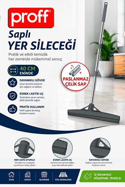 Proff Gri Yer Sileceği ve Paslanmaz Çelik Sap Seti 40 cm Dayanıklı Esnek Last...