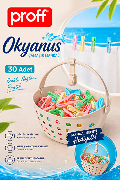 Proff Ocean Clothespin Basket Gift Set of 30 Laundry Clothespins Stainless Steel Strong Spring-Loaded Colorful Set