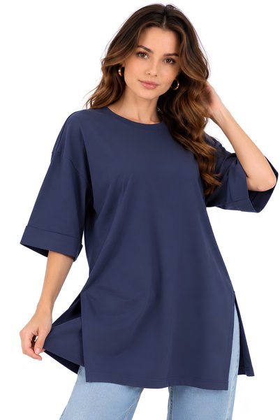 MOVİMENT Navy Blue Oversize Double Sleeve Long T-Shirt with Side Slits |   Cotton Basic Crew Neck Single Jersey Fabric Casual Comfortable T-Shirt |   Standard Size All Season