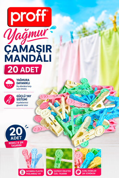 Proff Yağmur 20-Piece Clothes Pegs - Stainless Spring-Loaded Non-Slip Pegs Set with Smiling Face Design