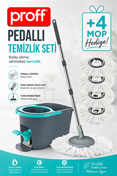 Proff Starex Pedallı Spin Mop Temizlik Seti 4 Yedek Mop Hediyeli
