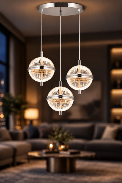 İstanbul Avize Küre 3'lü Gümüş 3 Renk Led Modern Ledli Avize