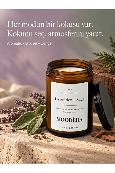 MOODÈRA Lavender + Sage Kokulu Mum, %10 Koku Esansı, Soya ve Parafin Mum Karışımı Kutulu
