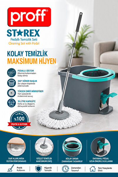 Proff Starex Pedallı Temizlik Seti Pedallı Kova Sap Mafsallı Kapak Mikrofiber...