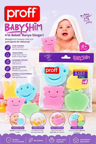 Proff Babyshim Ultra Yumuşak Figürlü Bebek Banyo Süngeri 4 Adet Çevre Dostu G...