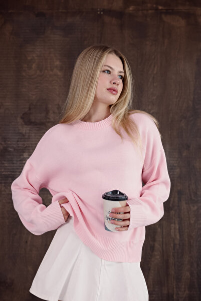 MODASPARK Pembe Bisiklet Yaka Oversize Kadın Triko Kazak