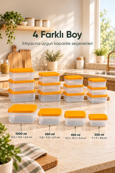 Vienev 16-Piece Orange Storage Container Set 4X(1000-650-450-300 ml) Square Food and Dry Food Kitchen Organizer with Lids