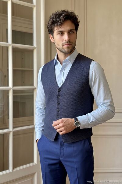 Çizgi Triko Men's Buttoned Navy Blue Vest Without Pockets Patterned Steel Kni...