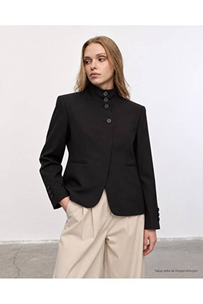 Serpirella Butik Women's Stand Collar Button Detail Jacket