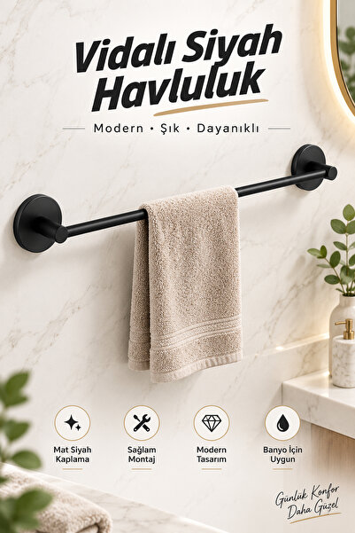 NZB Metal Uzun Havluluk 40 cm Siyah Duvara Monte Vidalı Lüks Banyo Havlu Askı...