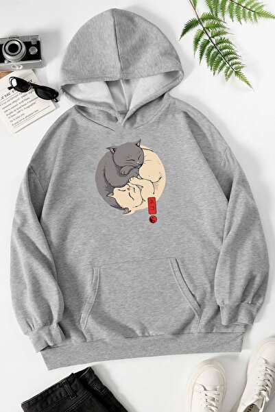 uyguntarz Unisex Yin Yang Cats Printed Sweatshirt