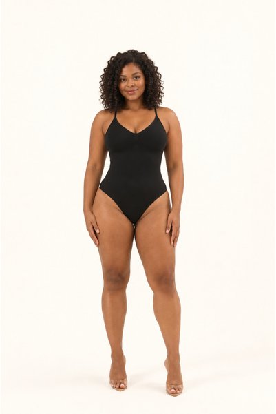 Formactive Women's Thin Strap V-Neck Stretchy Basic Body Corset, Adjustable Strap Casual Seamless Bodysuit - Black Frm01