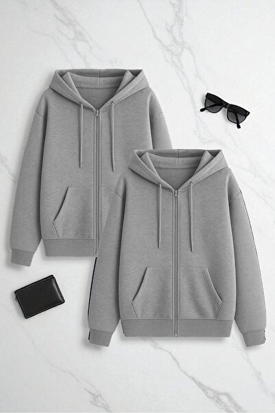 trendypassion Unisex Gri Fermuar Kapüşonlu Sweatshirt 2 ' li Fırsat Paketi