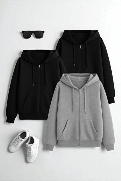 uyguntarz Unisex Black & Black & Grey Zipper Hooded Sweatshirt 3-Piece Opport...