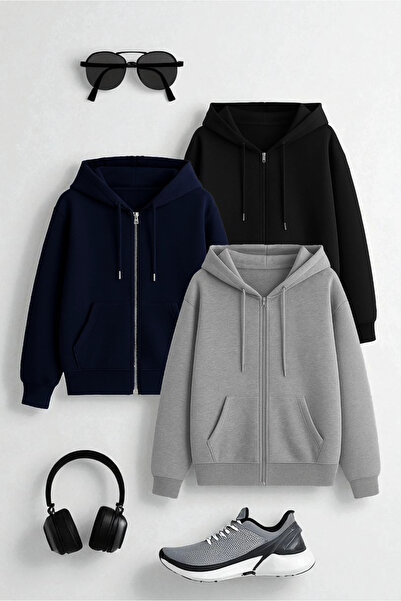 uyguntarz Unisex Gri & Lacivert & Siyah Fermuar Kapüşonlu Sweatshirt 3 lü Fır...